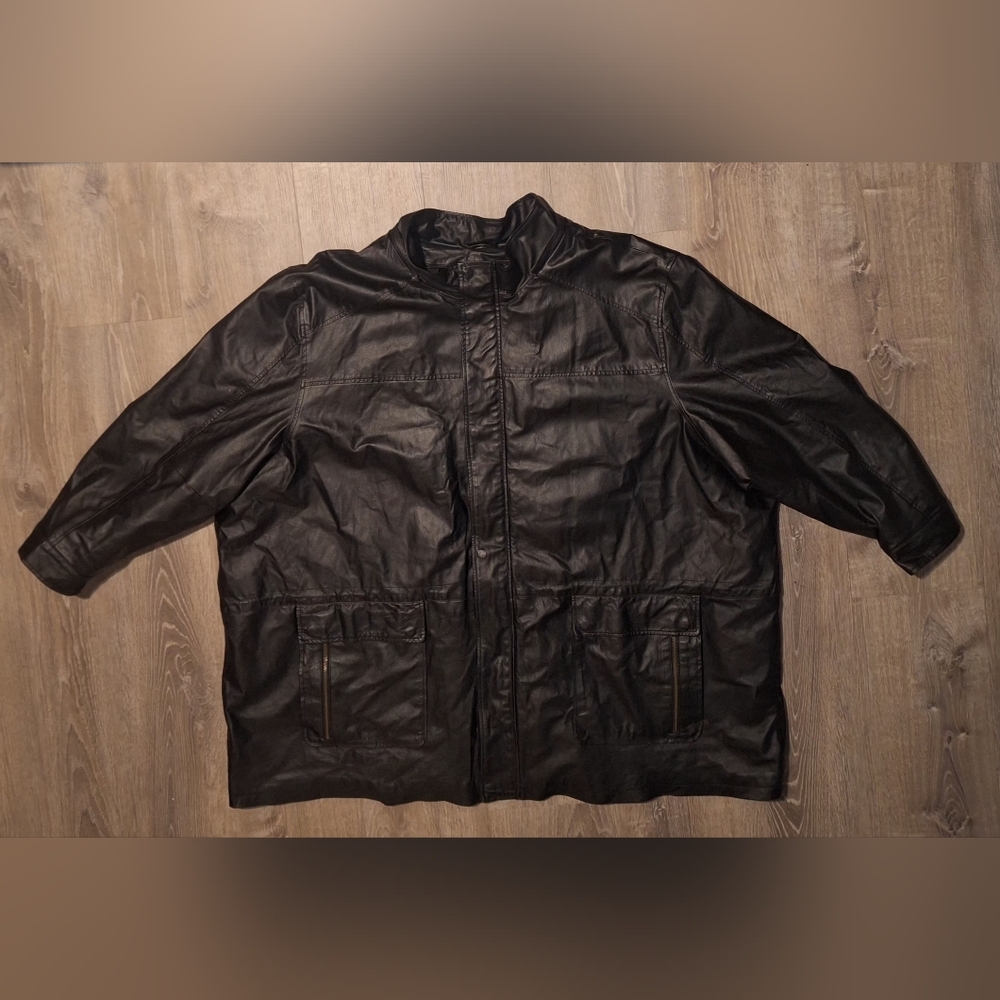 King Size Men's Black Leather Trench Jacket 7XL